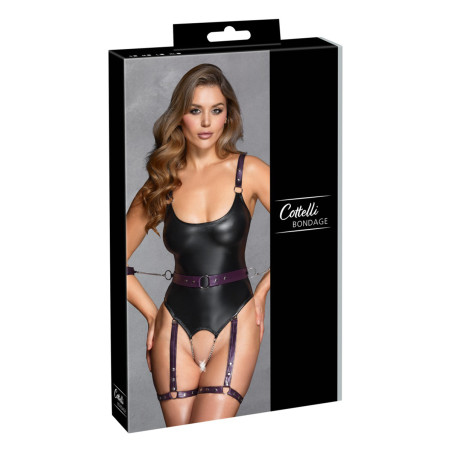 Body à jarretelles ouvert avec menottes - Cottelli Bondage