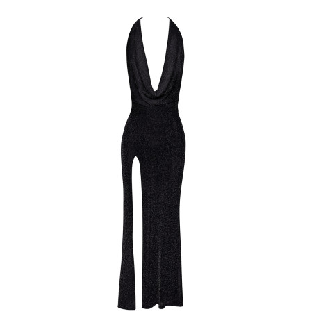 Robe longue fendue Onyx F373 - Noir Handmade