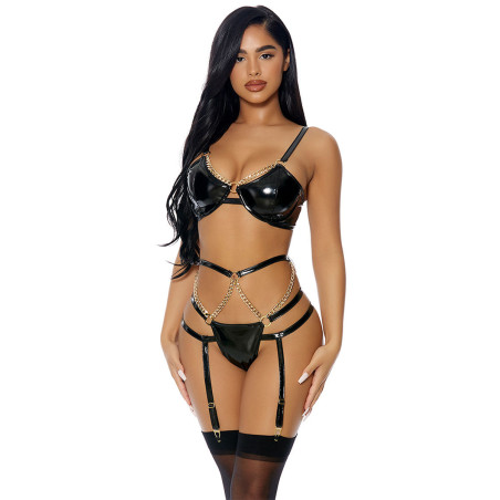 Ensemble 3 pièces à jarretelles en faux cuir - J Lingerie