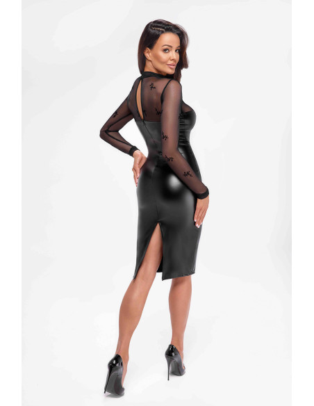 Robe moulante Sublime F310 wetlook et tulle floqué