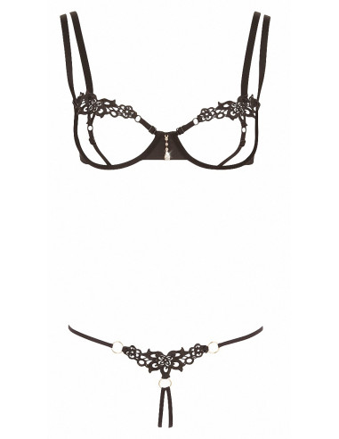 Ensemble dentelle string ouvert et seins nus noir - Cottelli Lingerie