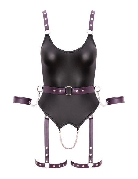 Body à jarretelles ouvert avec menottes - Cottelli Bondage