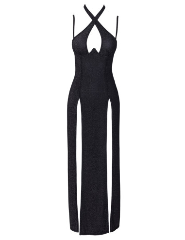 Robe longue à décolleté plongeant noire argentée - Cottelli PARTY 