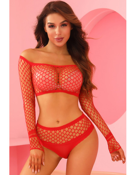 Ensemble lingerie 2 pièces en résille rouge - J Lingerie