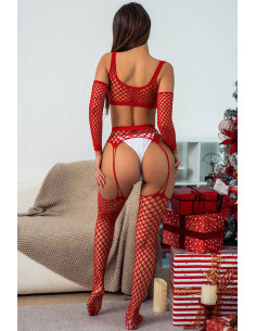 Ensemble Lingerie 3 pièces rouge en résille large - J Lingerie 2