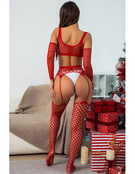 Ensemble Lingerie 3 pièces rouge en résille large - J Lingerie