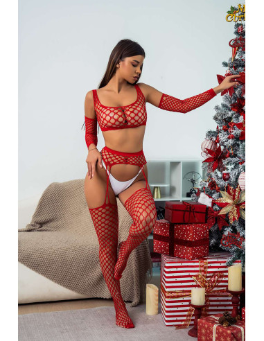 Ensemble Lingerie 3 pièces rouge en résille large - J Lingerie