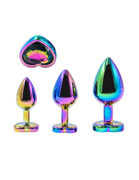 3 plugs coeur Crystal Heart métal arc-en-ciel - DIK
