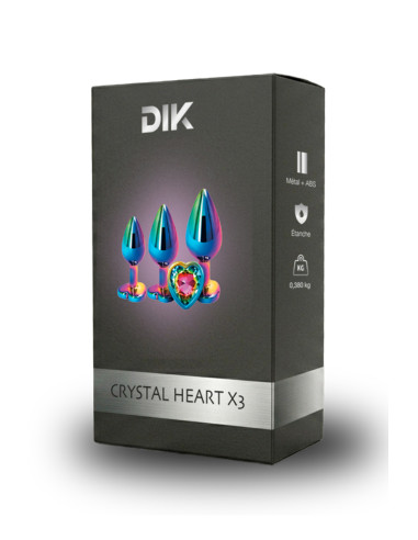 3 plugs coeur Crystal Heart métal arc-en-ciel - DIK