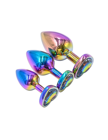 3 plugs coeur Crystal Heart métal arc-en-ciel - DIK