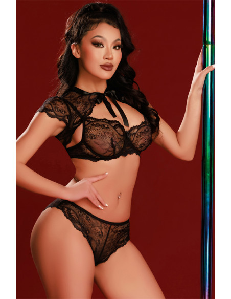 Ensemble soutien-gorge, tanga et caraco noir - J Lingerie
