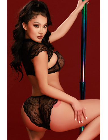 Ensemble soutien-gorge, tanga et caraco noir - J Lingerie