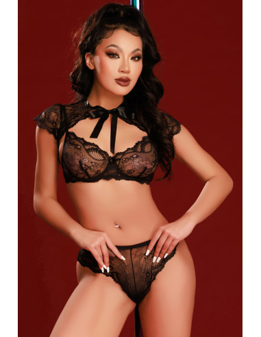 Ensemble soutien-gorge, tanga et caraco noir - J Lingerie