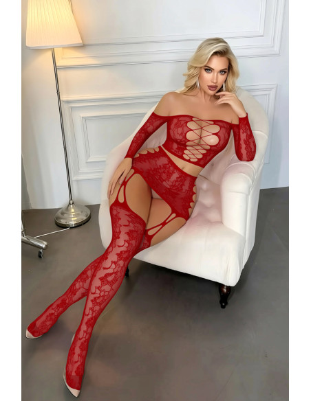 Ensemble top et jupe à collants intégrés rouge - J Lingerie