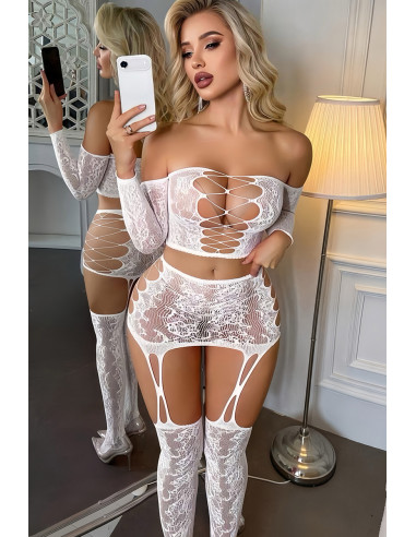 Ensemble top et jupe à collants intégrés blanc - J Lingerie
