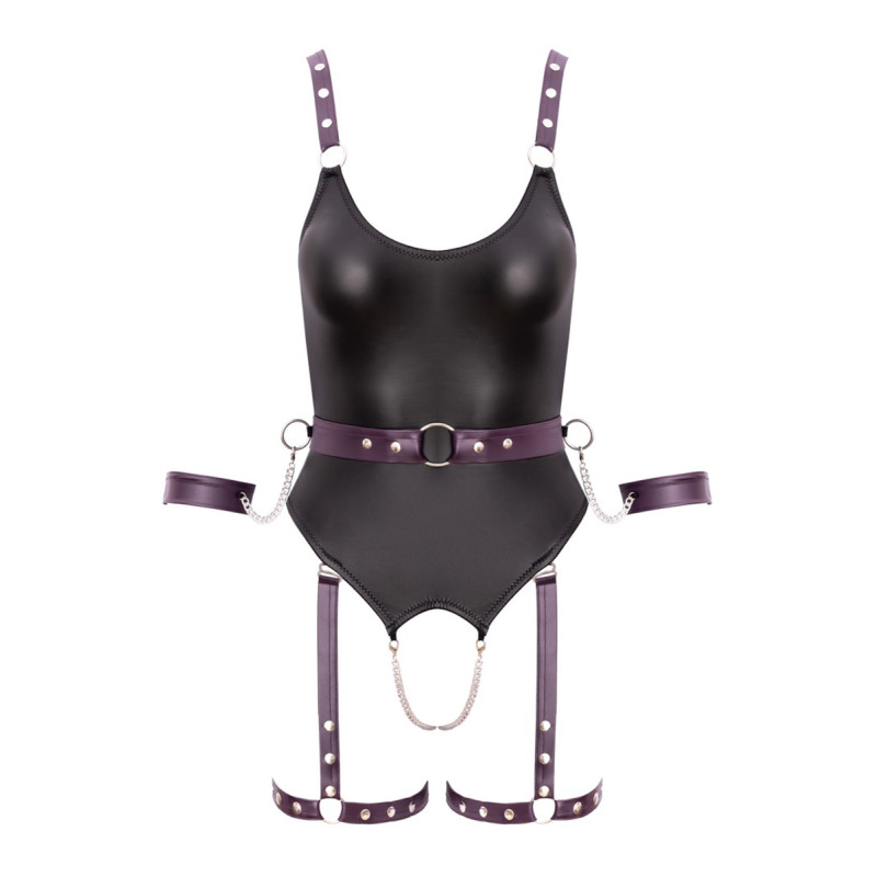 Body à jarretelles ouvert avec menottes - Cottelli Bondage