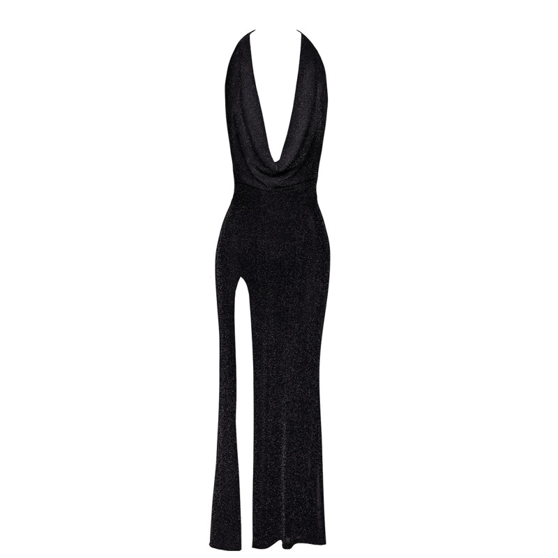 Robe longue fendue Onyx F373 - Noir Handmade