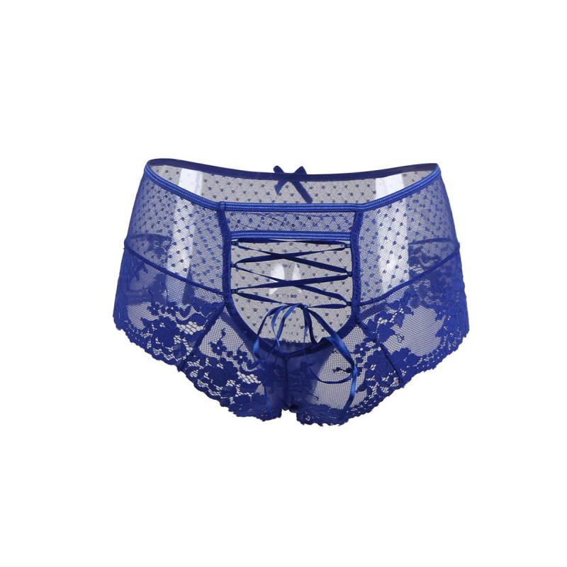 Tanga lacé dentelle taille haute Bleu - Litolu Lingerie