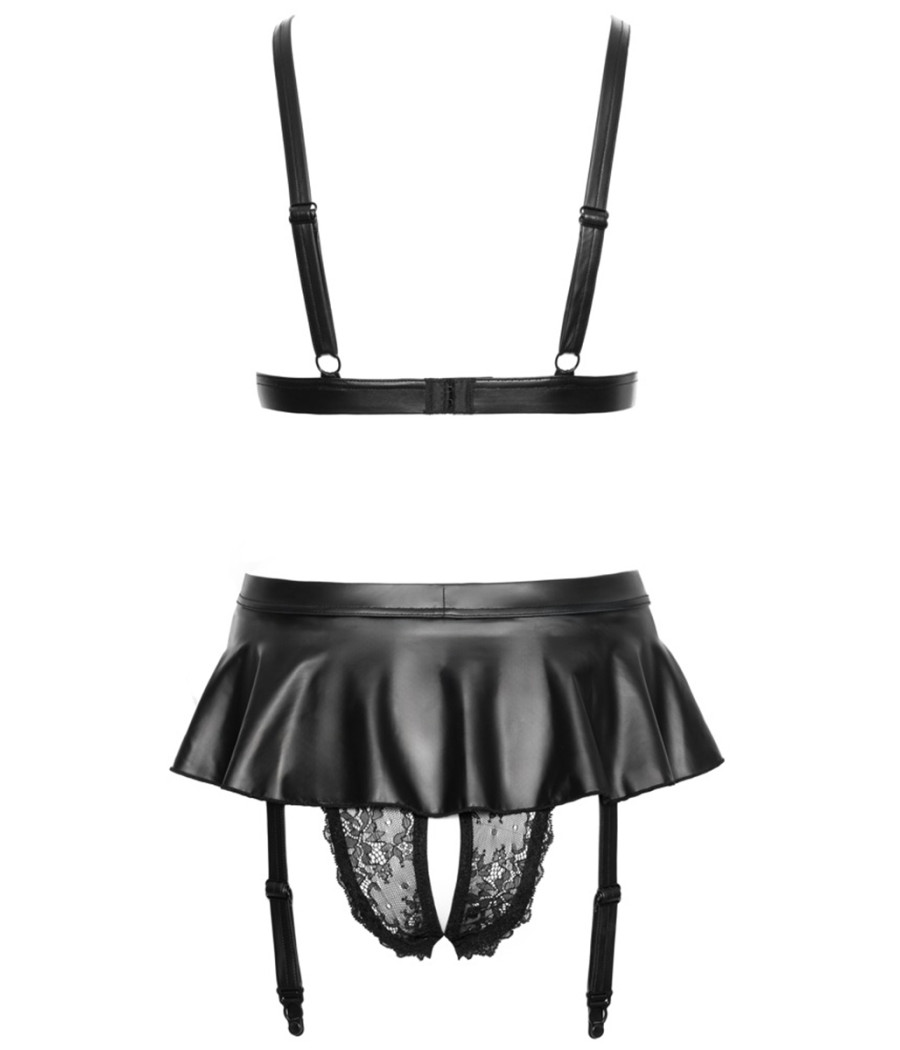 Soutien-gorge et slip fendu à jarretelles noir - Cottelli LINGERIE