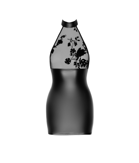 Mini robe dos nu Eros F311 wetlook et tulle floqué