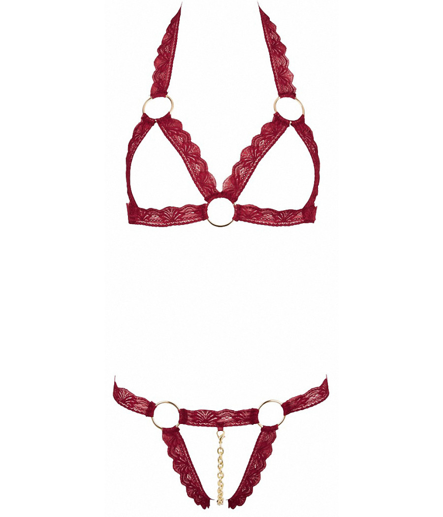 Ensemble string ouvert et seins nus bordeaux - Cottelli Lingerie