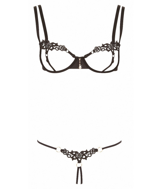 Ensemble dentelle string ouvert et seins nus noir - Cottelli Lingerie