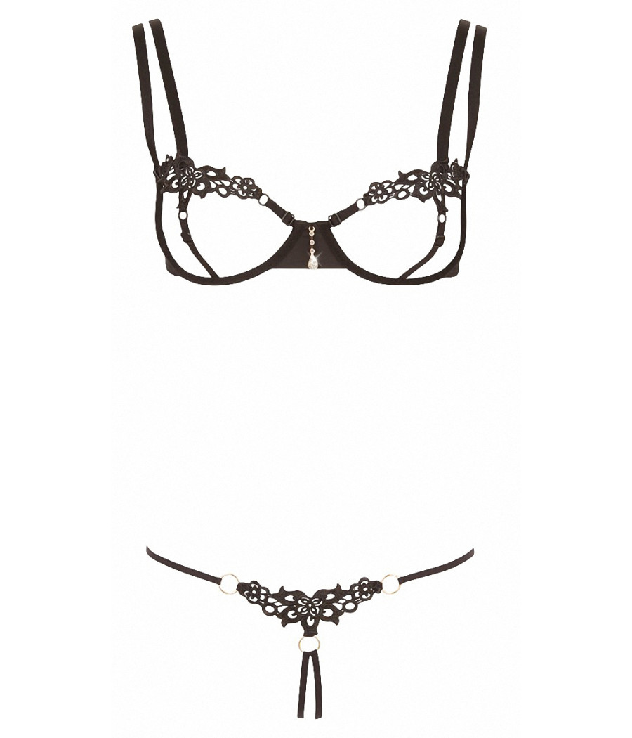 Ensemble dentelle string ouvert et seins nus noir - Cottelli Lingerie