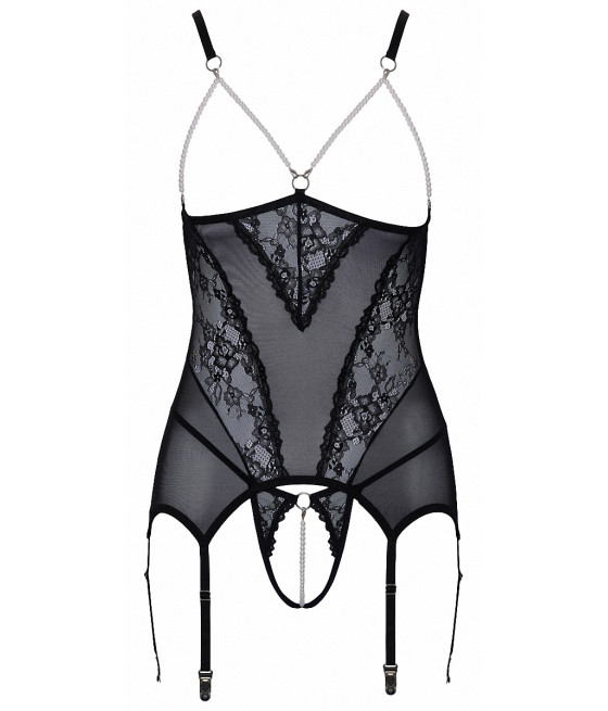 Guêpière seins nus et string ouvert résille et perles - Cottelli Lingerie