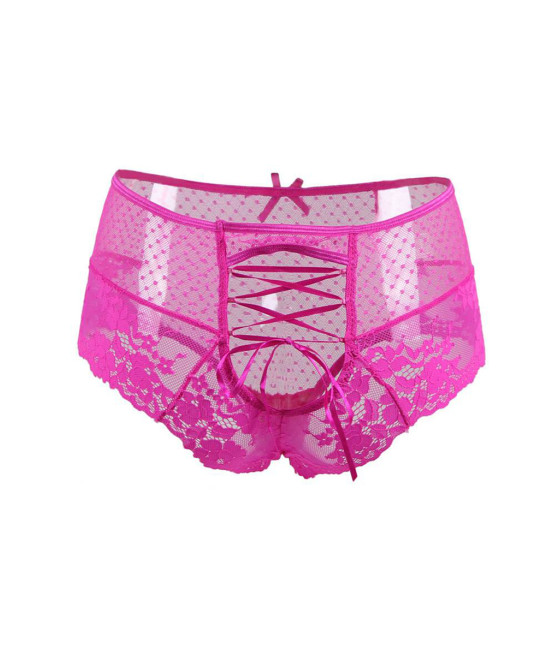 Tanga lacé dentelle taille haute Rose - Litolu Lingerie