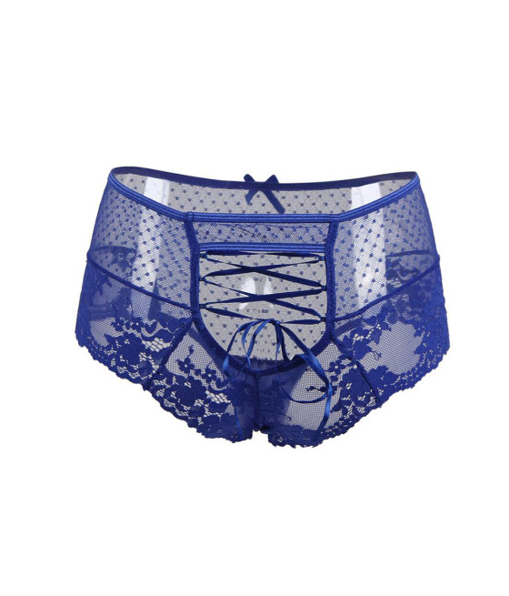 Tanga lacé dentelle taille haute Bleu - Litolu Lingerie