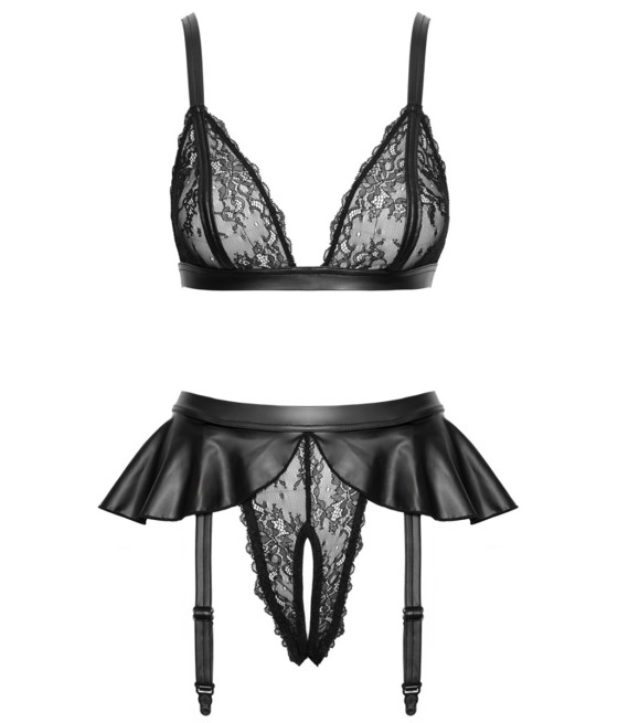 Soutien-gorge et slip fendu à jarretelles noir - Cottelli LINGERIE