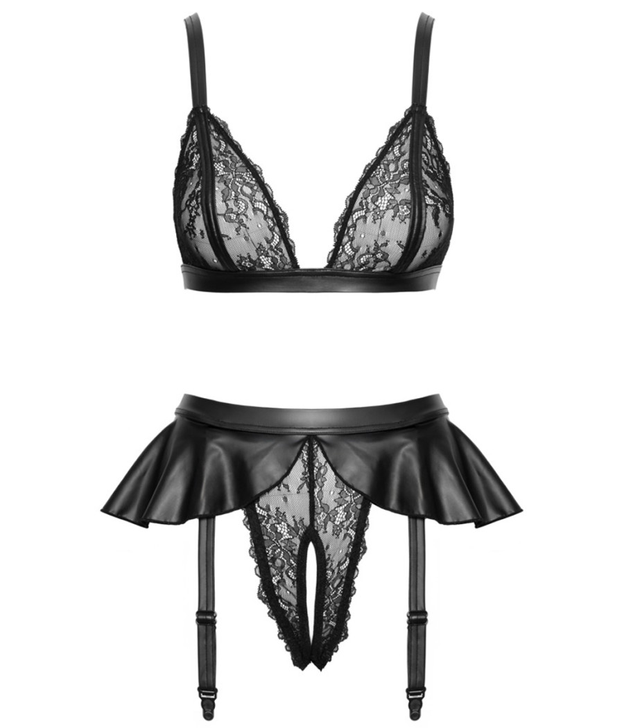Soutien-gorge et slip fendu à jarretelles noir - Cottelli LINGERIE